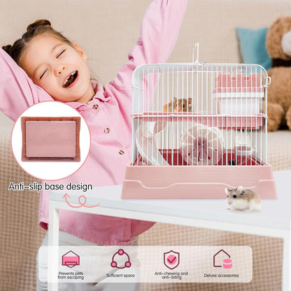 PINVNBY 2-Tier Dwarf Hamster Cage, Travel Portable Mouse Cage Gerbil Cages and Habitats Small Animal Carrier with Castle House Running Exercise Wheels, Water Bottle and Food Dis
