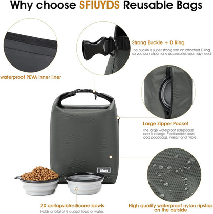 Waterproof Pet Food Storage Bag,Dog Food Container 12 lb w/2PCS Collapsible Dog Travel Bowls and Zipper Side Pocket(Gray, Small)