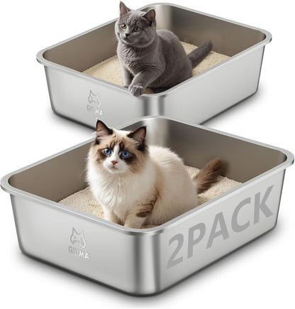 2 Packs Stainless Steel Cat Litter Box, 17.5" L×13.6" W×5.9" H, Metal Kitty Litter Box with High Sided for Small Cats, Non-Stick, Easy to Clean, Odor-Free