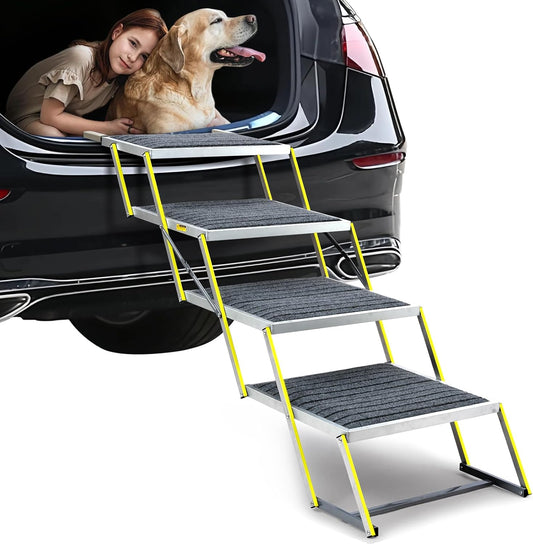 Reflective 20" Wide Dog Car Ramp, 4-Step Aluminum Stairs with Non-Slip Carpet - Foldable Design for