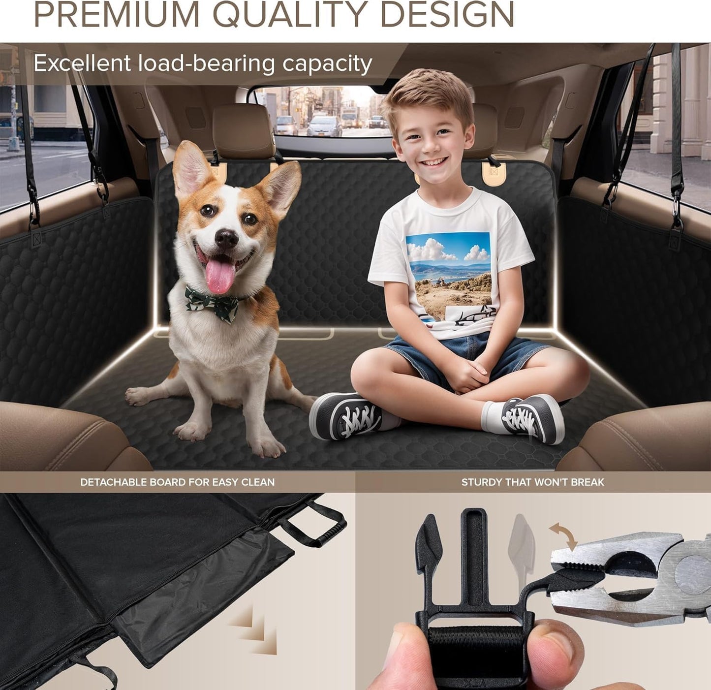 SHARLOVY Back Seat Extender for Dogs, Heavy Duty Dog Car Seat Cover for Back Seat and Aggressive Chewer, Large Hard Bottom Seat Cover for Dogs, Dog Hammock for Car, Travel Pet Bed for Car, SUV, Truck