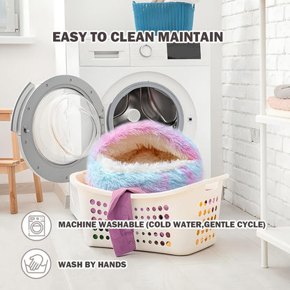 Cat Bed for Indoor Cats, Calming Cozy Cave with Self-Warming Plush, Entire Bed Machine Washable & Anti-Slip Base, Breathable Pet Bed for Small Cats&Dogs All Seasons (Dazzling Colors, 20 * 20inch)