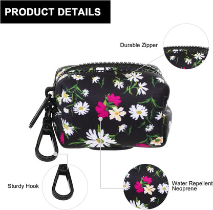 Petmolico Dog Poop Bag Holder Leash Attachment, Dog Waste Bag Dispenser Zippered Pouch, Fits Any Dog Leash, Includes Free Roll of Dog Bags, Poop Bag Dispenser - 2 Packs (White Daisy)