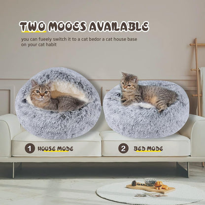 Cat Bed for Indoor Cats, Calming Cozy Cave with Self-Warming Plush, Entire Bed Machine Washable & Anti-Slip Base, Breathable Pet Bed for Small Cats&Dogs All Seasons (Grey, 24 * 24inch)