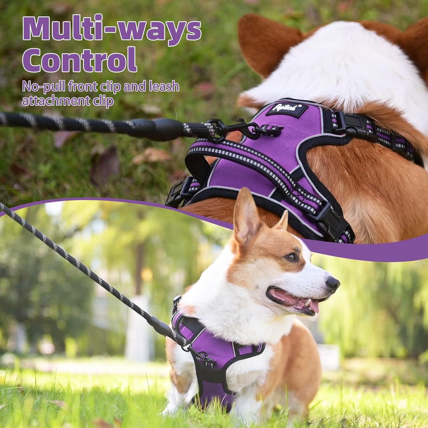 PUPTECK No Pull Dog Harness Small Sized, Adjustable Reflective Dog Harness with Handle Easy Control, Comfortable Soft Padded Pet Vest Harness for Small Dogs, Solid Purple S