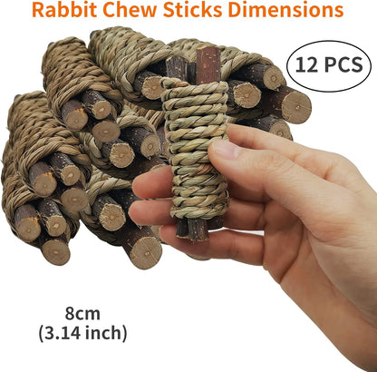 Fhiny 12 PCS Guinea Pigs Chew Toys, Natural Apple Branch Seagrass Molar Sticks for Teeth Bunny Chew Toys Cage Accessories for Guinea Pigs Rabbit Bunny Hamster Chinchilla
