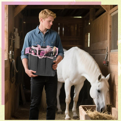Abbylike 12 Pieces Horse Grooming Kit with Organizer Tote Bag Tack Room Supplies Horse Brush Sets Equine Care Cleaning Kit Shedding Grooming Massaging Tools(Pink and Grey)