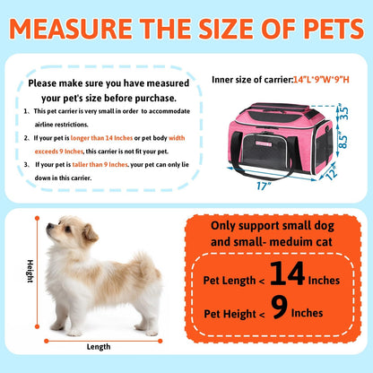 Petskd Top-Expandable Pet Carrier 17x12x8.5 Inches JetBlue Allegiant Spirit Airline Approved, Soft-Sided Carrier for Small Cats and Dogs with Locking Safety Zippers and Anti-Scratch Mesh(Pink)