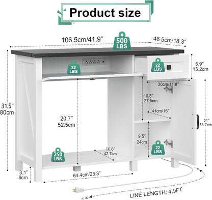 40 Gallon Aquarium Stand With Charging Station, Farmhouse Fish Tank Stand, Reptile Tank Stand Terrarium Stand with Drawer and Cabinet Storage, Sturdy Heavy Duty 41.9"×18.3" Tabletop - White