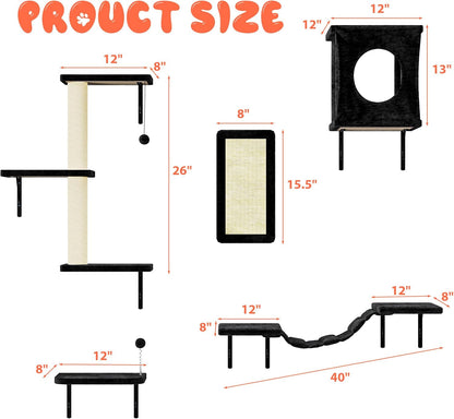 NUNU LAB Wall Mounted Cat Furniture, 5 Pcs Cat Wall Shelves with House, Bridge, Steps, Scratching Post, Shelves, Indoor Safe & Stable Furniture for Kittens Play, Black