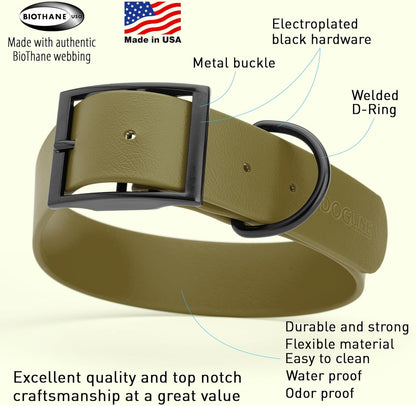 Dogline Biothane Waterproof Dog Collar Strong Coated Nylon Webbing with Black Hardware Odor- Proof for Easy Care Easy to Clean High Performance Fits Small Medium or Large Dogs, Olive Drab Green