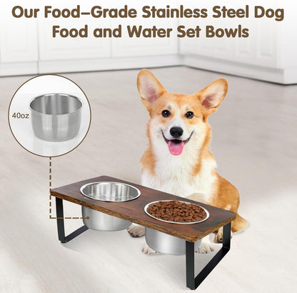 Elevated Dog Bowls for Small Medium Wood Dogs Raised Bowl Stand with 2 Stainless Steel Deep Dog Food and Water Bowls, Anti Vomit, Non-Slip Feeding Dishes(Tilted，3 inches in Height, 40oz
