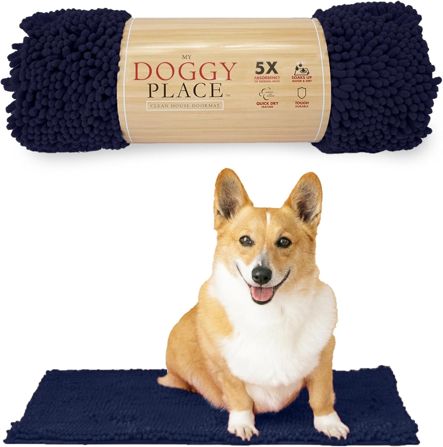 My Doggy Place Microfiber Dog Mat for Muddy Paws, 18" x 24" Navy Blue - Absorbent and Quick-Drying Dog Paw Cleaning Mat, Non-Slip Rubber Backed