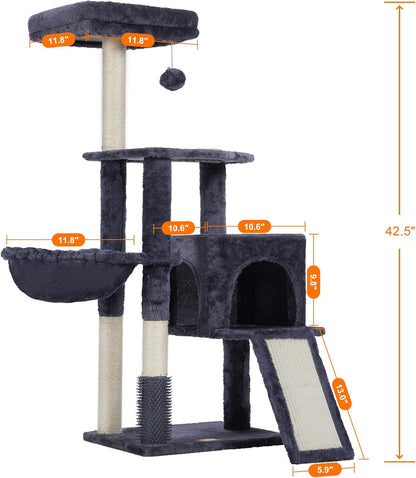 Heybly Cat Tree with Cat Self Groomer Brush, Cat Tower Condo for Indoor Cats with Padded Plush Perch, Cat House with Basket Scratching Board Post, Smoky Gray HCT005SG