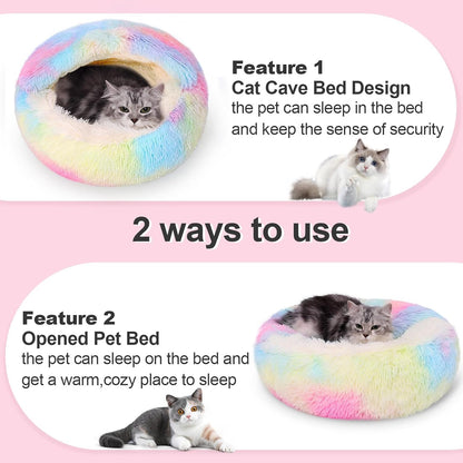 Calming Dog Beds & Cat Cave Bed with Hooded Cover,Removable Washable Round Beds for Small Medium Pets,Anti-Slip Faux Fur Fluffy Coved Bed for Improved Sleep,Fits up to 15/25 lbs(Colorful,M)