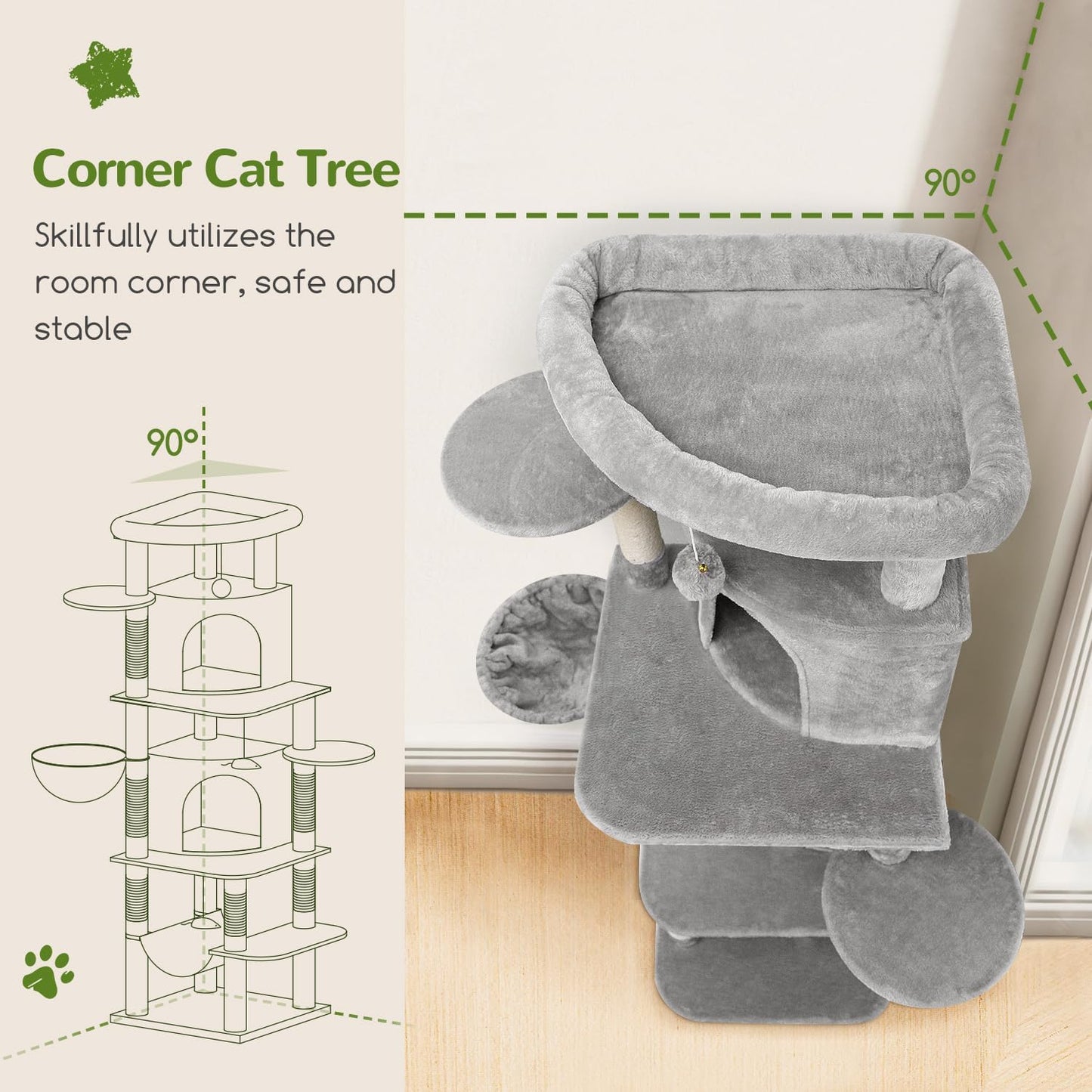 Globlazer Corner Cat Tree for Large Cats, 66inch Tall Curved Series Large Cat Tower for Multiple Indoor Cats with 6 Scratching Posts, 2 Spacious Cat Condos, Hammock, Hanging Basket, C66, Light Grey