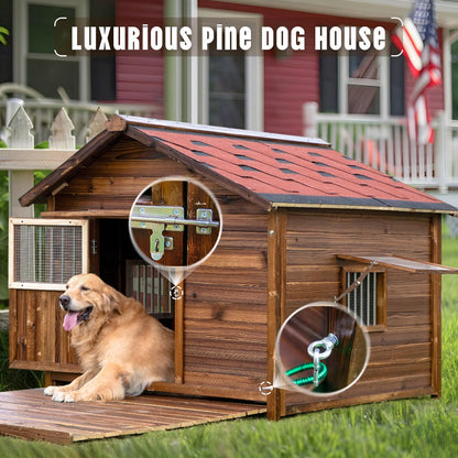 Extra Large Dog House Outdoor Made of Solid Pine Wood, Warm Doghouse, Dog House with Elevated Floor for Medium Dogs, (Wood, L)
