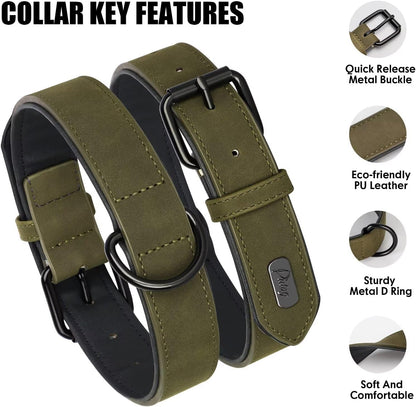 Didog Soft Padded PU Leather Dog Collar, Breathable and Adjustable Dog Collar for Large Dogs, Comfortable for Daily Walk, Dark Green, XL Fit Neck 17-21"(44-71 lbs)