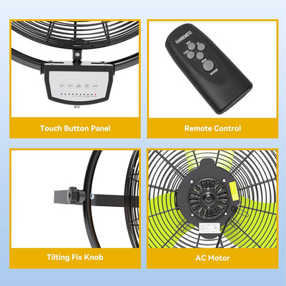 20 Inch Wall Metal Fan Pro Series Remote Control, High Velocity Wall Mount Fans for Commercial, Residential, Warehouse, Covered Patio, Shop, Garage, Barn 3 Speed 5200 CFM UL Safety Listed