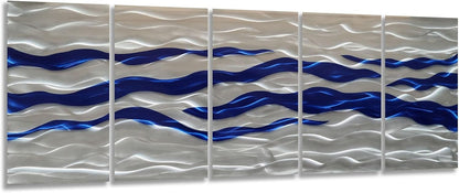 SYGALLERIER Abstract Coastal Metal Wall Art Handcrafted Big 3D Blue and Silver Artwork Modern Sea Waves Pictures Contemporary Sculpture for Living Room Bedroom Bathroom Decor