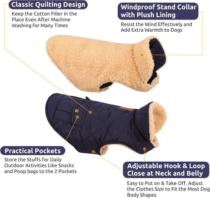 Queenmore Warm Puffer Dog Coat, Quilting Winter Jacket Ultra Thick Plush Lining with Storage Pockets (Dark Navy, Large)