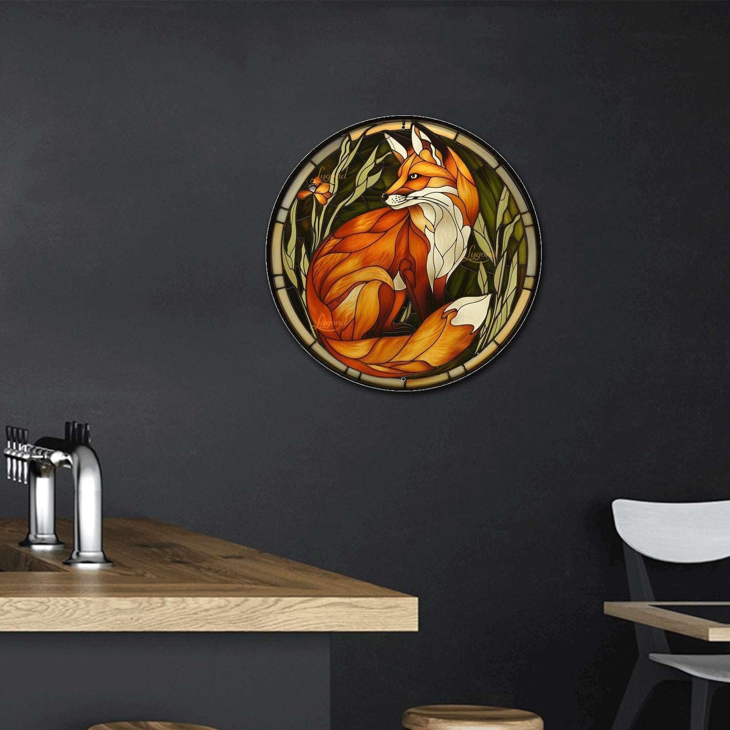 Lygond Metal Sign Tin Sign Circular Stained Glass Red Fox Sign Garden Outside for Patio 12×12 Inches