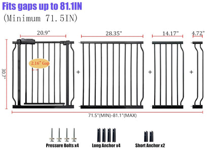 Extra Wide 76.4-81 Inch Large Baby Gates for Stairs, Doorways - No Drilling, Pressure Mounted Pet Gates for Kids & Dogs