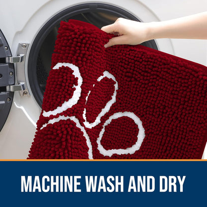 OLANLY Door Mat for Muddy Dog Paws 48x30, Ultra Absorbent Chenille Mud Doormat with Paw Print Design, Non-Slip Washable Doormat for Indoor Entryway, Quick-Dry Pet Bed Mats for Dirty Dogs, Red