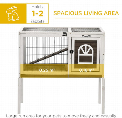 PawHut Wooden Rabbit Hutch, Indoor Elevated Guinea Pig Cage with Run, Ladder, Lockable Doors and Removable Tray, Coffee