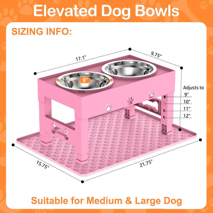 Elevated Dog Bowls with Mat, Raised Dog Food Bowl Stand with 2 Stainless Steel Bowls, 5 Height Adjustable (3.1", 9", 10", 11", 12") Non-Slip Feeder Set for Medium and Large Dogs – Pink