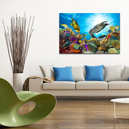 Large Wall Decor Colorful Sea Underwater World Coral Sea Turtle and Tropical Fish Painting Gallery Wrapped Ready to Hang Picture Artwork for Living Room Kids Nursery Room 28"x40"