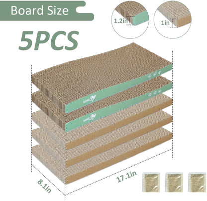 MECOOL Cat Scratching Board，5PC Cat Scratch Pad with Box，Reversible Corrugated Cat Scratcher Cardboard and Lounge Bed for Indoor Cats, Catnip