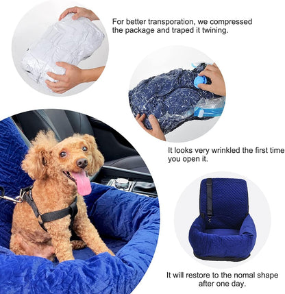 Dog Car Seat for Small Medium Dogs Up to 40lbs, Detachable Washable Soft Pet Booster Travel Bed for Front & Blue Seat with Safety Leash Belt