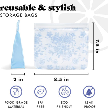 Fit & Fresh Reusable PEVA Storage Bags 3 Pack, Reusable Food Storage Bags, LeakProof, Durable, Sandwich Bags, Freezer Safe, Hand Wash, Easy to Clean, Eco-Friendly, Blue Floral Toile