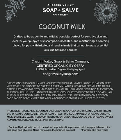 Chagrin Valley Soap & Salve Organic Natural Dog & Pet Shampoo – Unscented & Moisturizing for Dogs with Dry, Sensitive or Itchy Skin – Coconut Milk Conditions the Coat - 3.8 OZ Bar 3PK