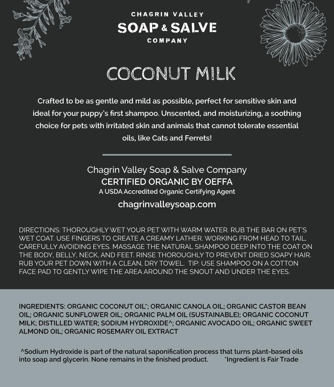 Chagrin Valley Soap & Salve Certified Organic Dog Shampoo and Conditioner – Dog Shampoo Itchy Skin Relief and Puppy Essentials - Natural Handmade Coconut Milk, 3.8 oz Bar