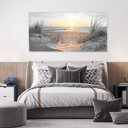 Yxbhhym-Large Wall Decor Living Room Black and White Sunset Beach Wall Art Ocean Picture Print Coastal Decor Seascape Artwork Sea Painting Poster Bedroom Wall Art Framed Office Home Decor