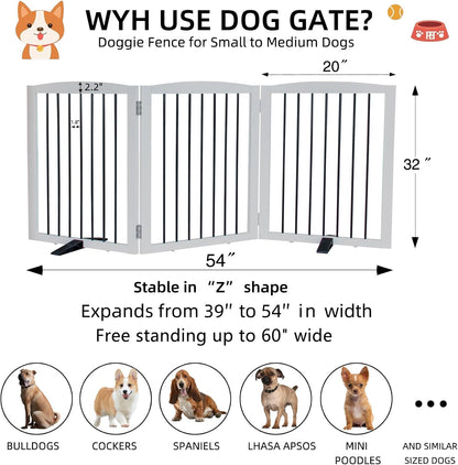 ZJSF Freestanding Panel Dog Gate for Indoor, Doorways,Stairs, or Hallways,Foldable Wooden White Dog Gates for House,Pet Gate for Dogs,Dog Fence, Puppy Gate,Support Feet Included,32 "Height-3 Panels