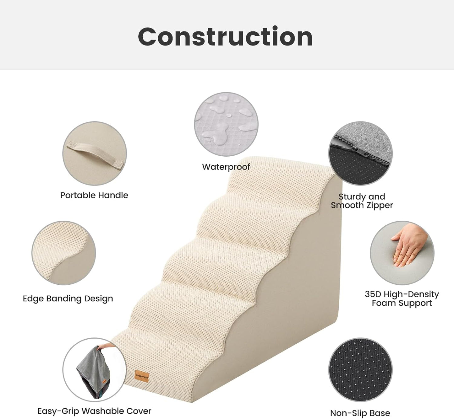 Gardner Pet Dog Stairs for Small Dogs 22.8" H, 5-Step Beige Curved Pet Stairs, Dog Steps for High Bed, Couch (24-30 in) with Durable Non-Slip Waterproof Fabric Cover and CertiPUR-US Certified Foam