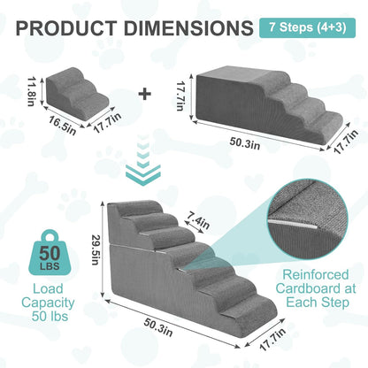 6-Step Dog Stairs for High Bed - 25.5" Adjustable Dog Ramps for Couch, Non-Slip Sturdy Pet Steps for Small Dogs, Washable Cover, Removable Modular Design, Dual 11” & 14.5” Steps for Custom Height