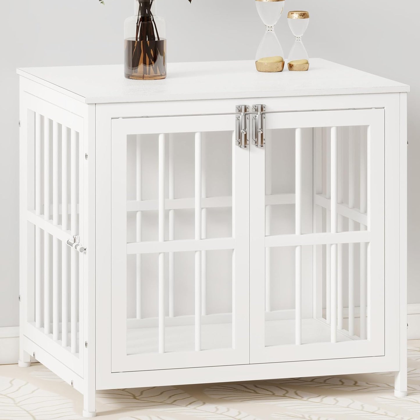 26 Inch Heavy Duty Wooden Dog Kennel End Table with Double Door Design and Secure Locks, Indoor Pet Crate Furniture for Small Dogs, Decorative Home Cage Design,White