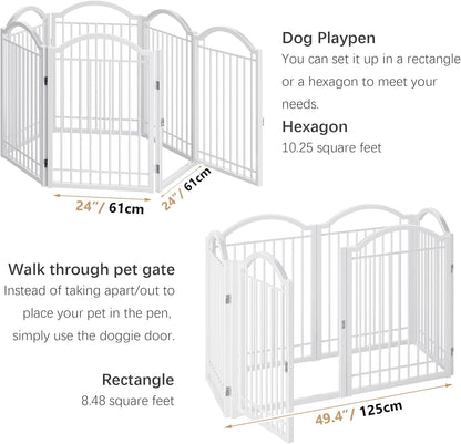 BHG Metal No-Assembly Freestanding Dog Gate with Door Walk Through, Extra Wide 144", Extra Tall 32" Pet Gate, Accordion Puppy Folding Playpen Dog Fence, with 2PCS Support (White, 6 panesl)