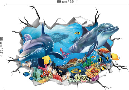 decalmile 3D Under The Sea Dolphin Fish Wall Decals Ocean Turtle Seaweed Broken Wall Stickers Boys Bedroom Living Room Bathroom Wall Decor