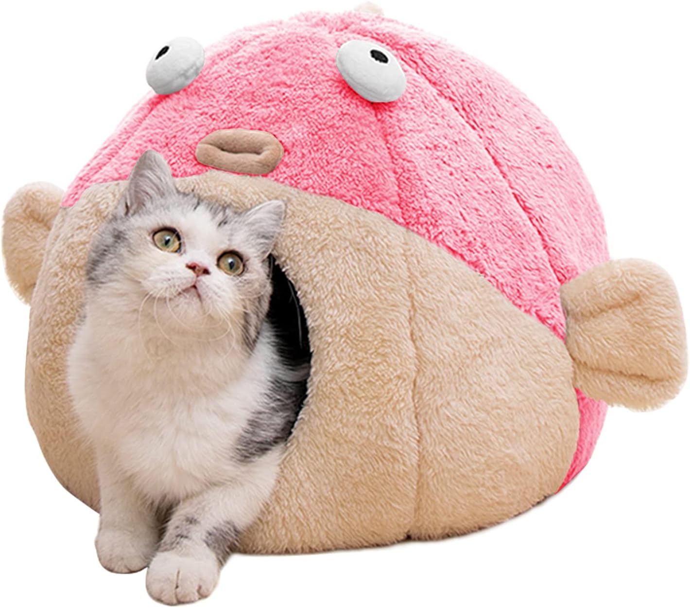 Cat Beds for Indoor Cats - Cat Bed Cave with Removable Washable Cushioned Pillow, Soft Plush Premium Cotton No Deformation Pet Bed, Lively Pufferfish Cat House Design, Pink, Multiple Sizes(M)