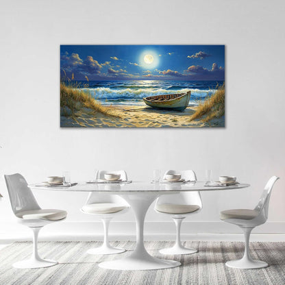 Quorin Beach Boat Large Wall Art Coastal Seaside Moonlight Pictures Nautical Wall Decor Seascape Canvas Print Painting Artwork for Bathroom Living Room Bedroom 30"x60"