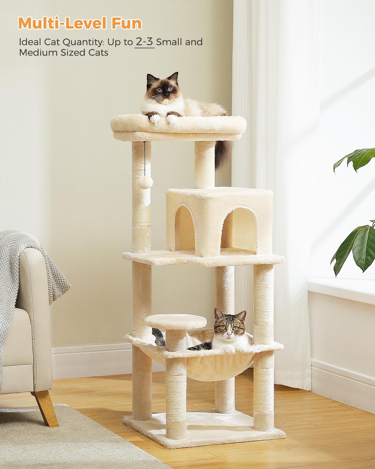 Cat Tree for Indoor Cats, 45.7" Multi-Level Cat Tower with Large Metal Frame Hammock, Cat Condo with 4 Scratching Posts and Top Perch for Small Medium Cat, Beige