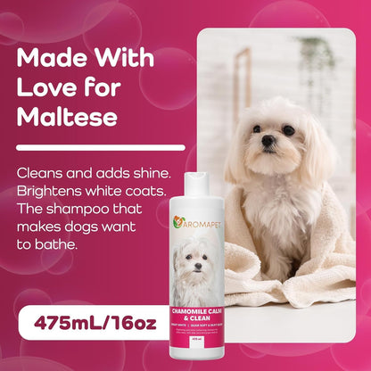 Chamomile Calm & Clean Dog Shampoo for White Coats - Deodorizing Dog Shampoo with Aloe, Argan Oil, Chamomile, Grape Extract - Great for Maltese, Gentle, Hypoallergenic. Soft & Silky Glow.