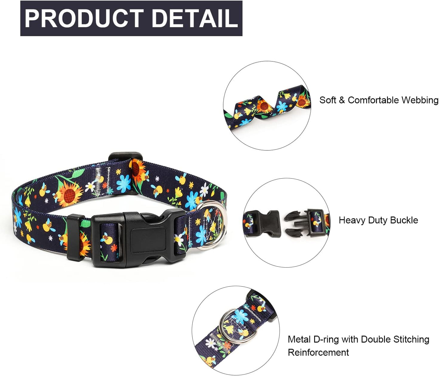 Mercano Adjustable Dog Collar - Special Design Patterns, Soft Nylon Comfortable Durable Pet Collar for Small Medium Large Dogs (XS, Sunflower)