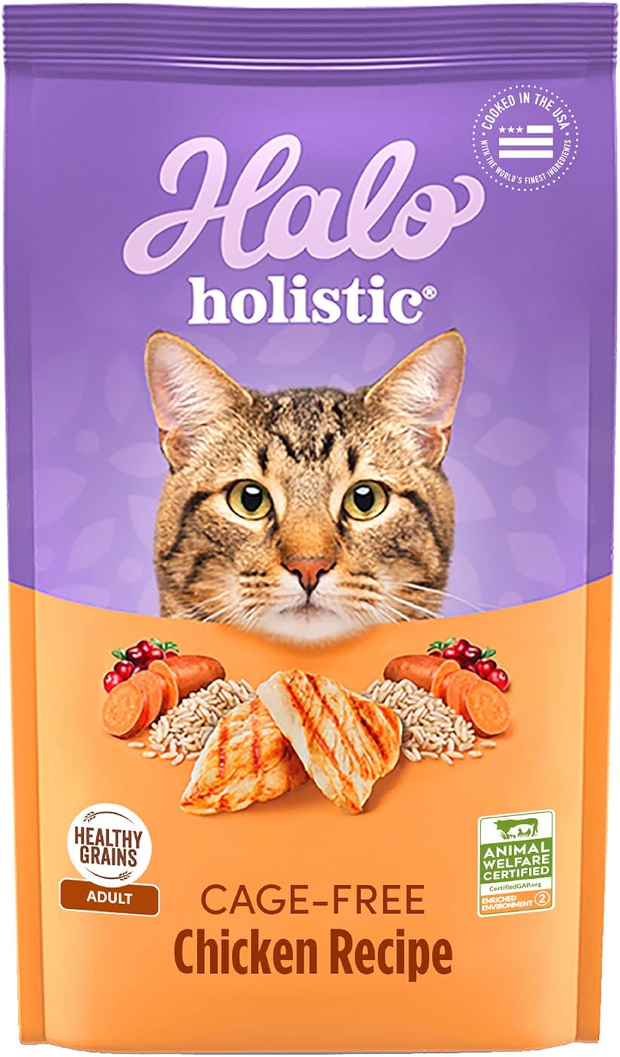 Halo Holistic Cage Free Chicken Cat Food, Healthy Grains Dry Cat Food, Complete Digestive Health, Kibble for Adult Cats, 10 lb Bag
