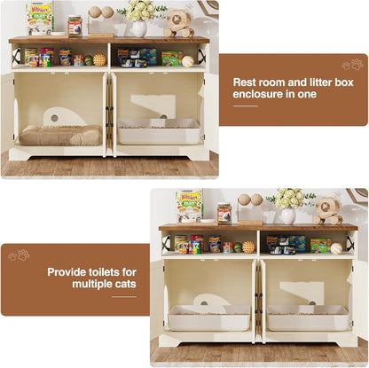 Cat Litter Box Enclosure for 2 Cats, 47" Hidden Litter Box Furniture Cat Washroom with Double Large Room, Farmhouse Indoor Litter Box Cabinet TV Stand, White